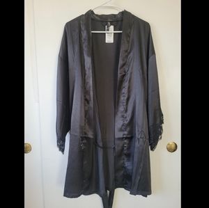 Torrid black satin lace trim self tie robe